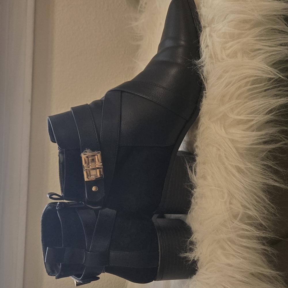 Black Suede Ankle Booties with Gold Buckle